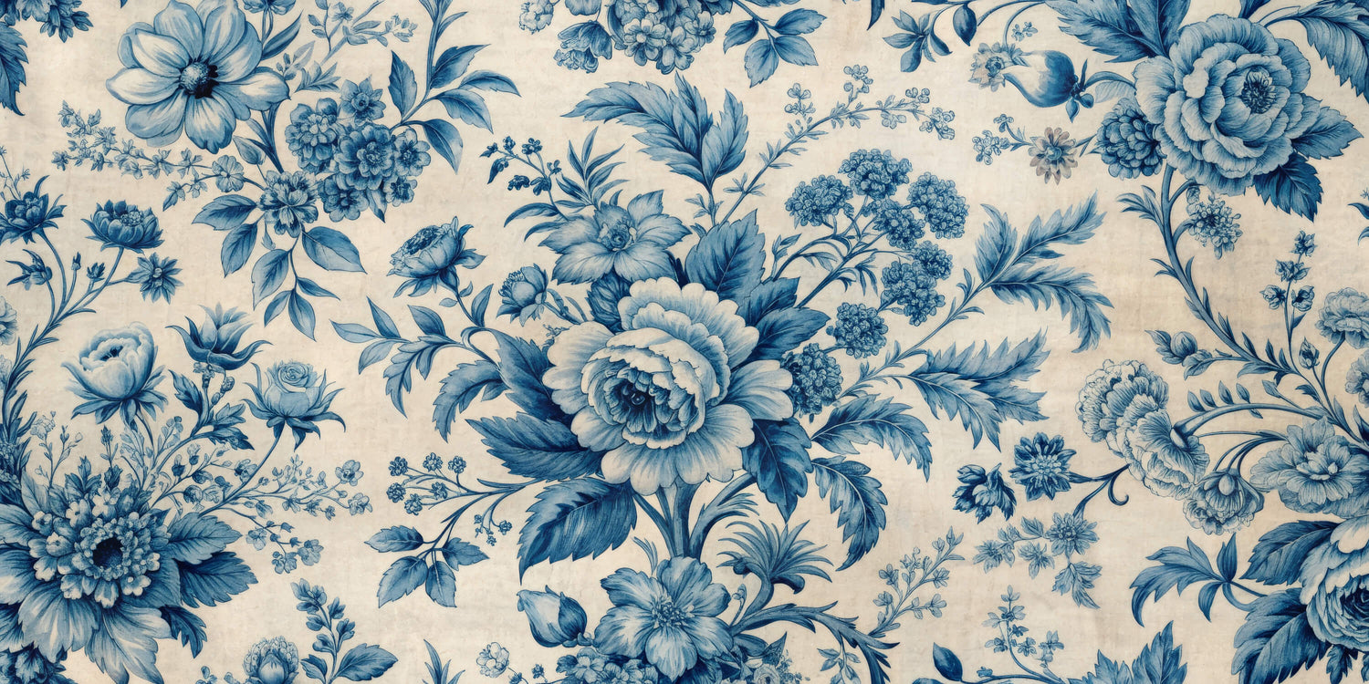 Vintage floral pattern design file showing intricate blue blooms on beige background