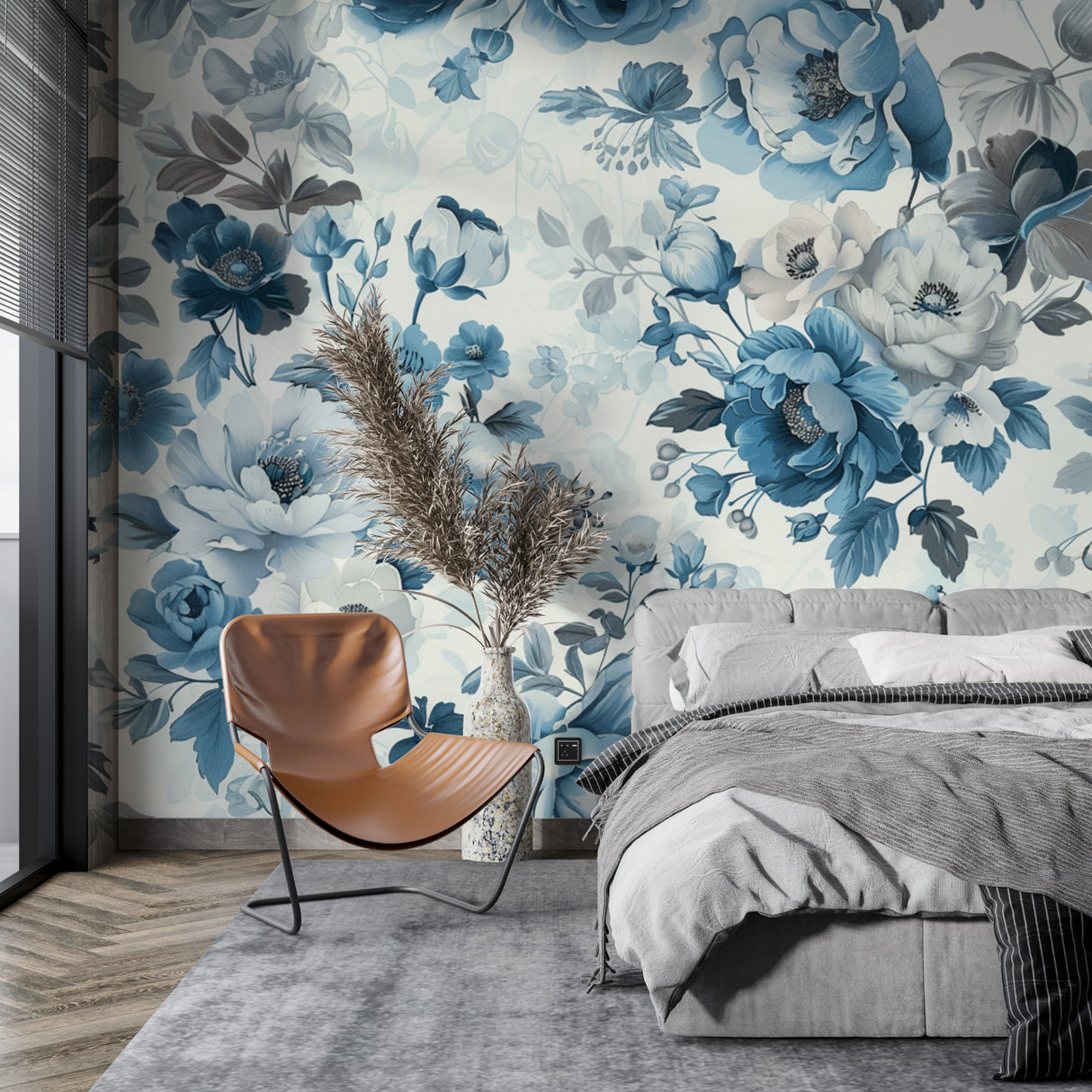 Vintage floral mural in master bedroom with white furniture