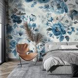 Vintage floral mural in master bedroom with white furniture