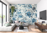 Vintage blue floral wallpaper in dining room with crystal chandelier