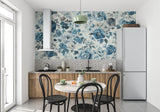 Blue and white flower mural in reading nook with window seat
