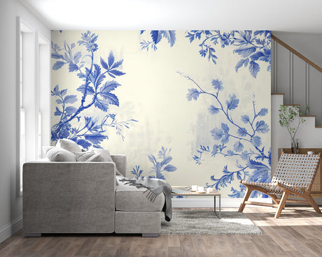 Blue and white floral wallpaper in bright modern living room showing pattern scale and room ambiance