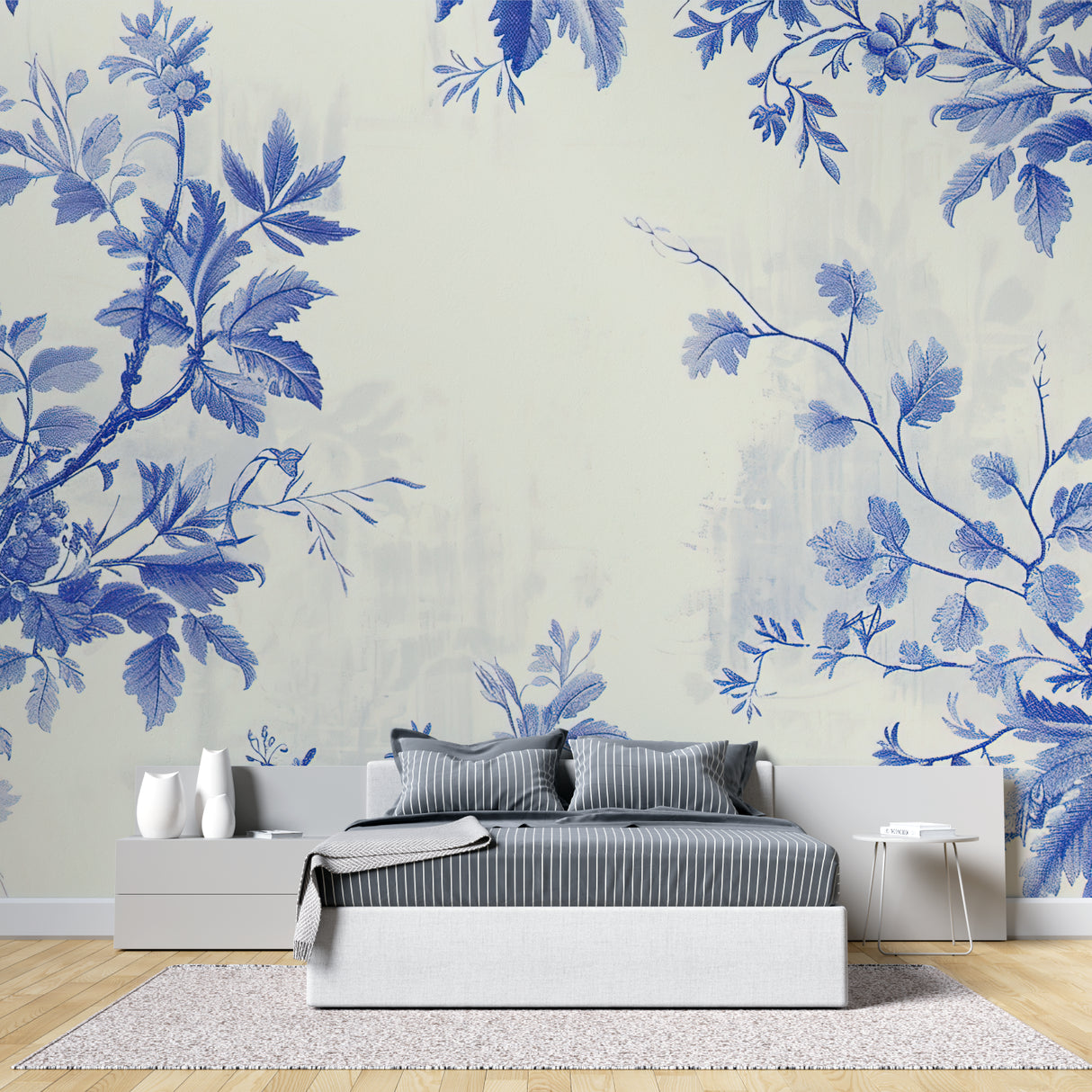 Vintage floral wall mural in master bedroom creating peaceful atmosphere