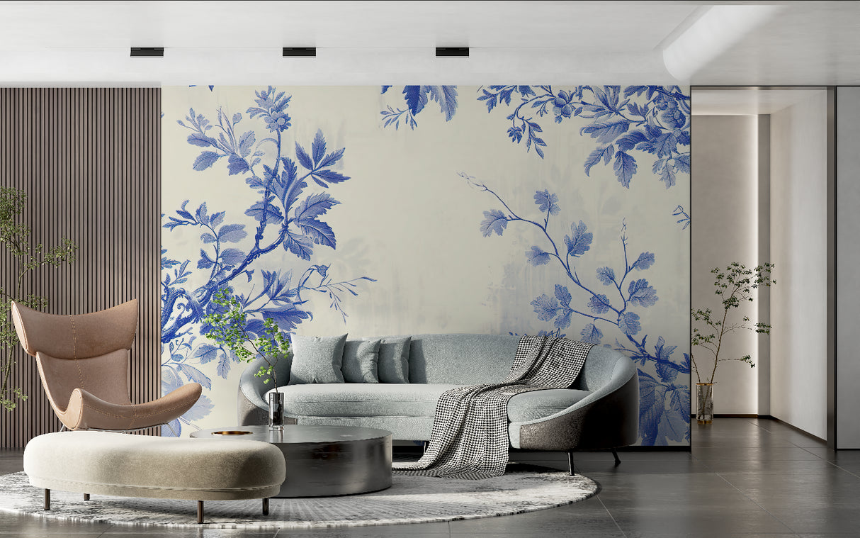 Blue botanical wallpaper pattern in dining room with natural light