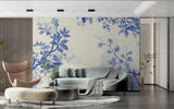 Blue botanical wallpaper pattern in dining room with natural light