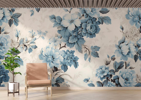 Blue floral wallpaper mural in bright modern living room with white furniture