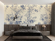 Blue Toile de Jouy wallpaper in a bright dining room with classic furniture and large windows