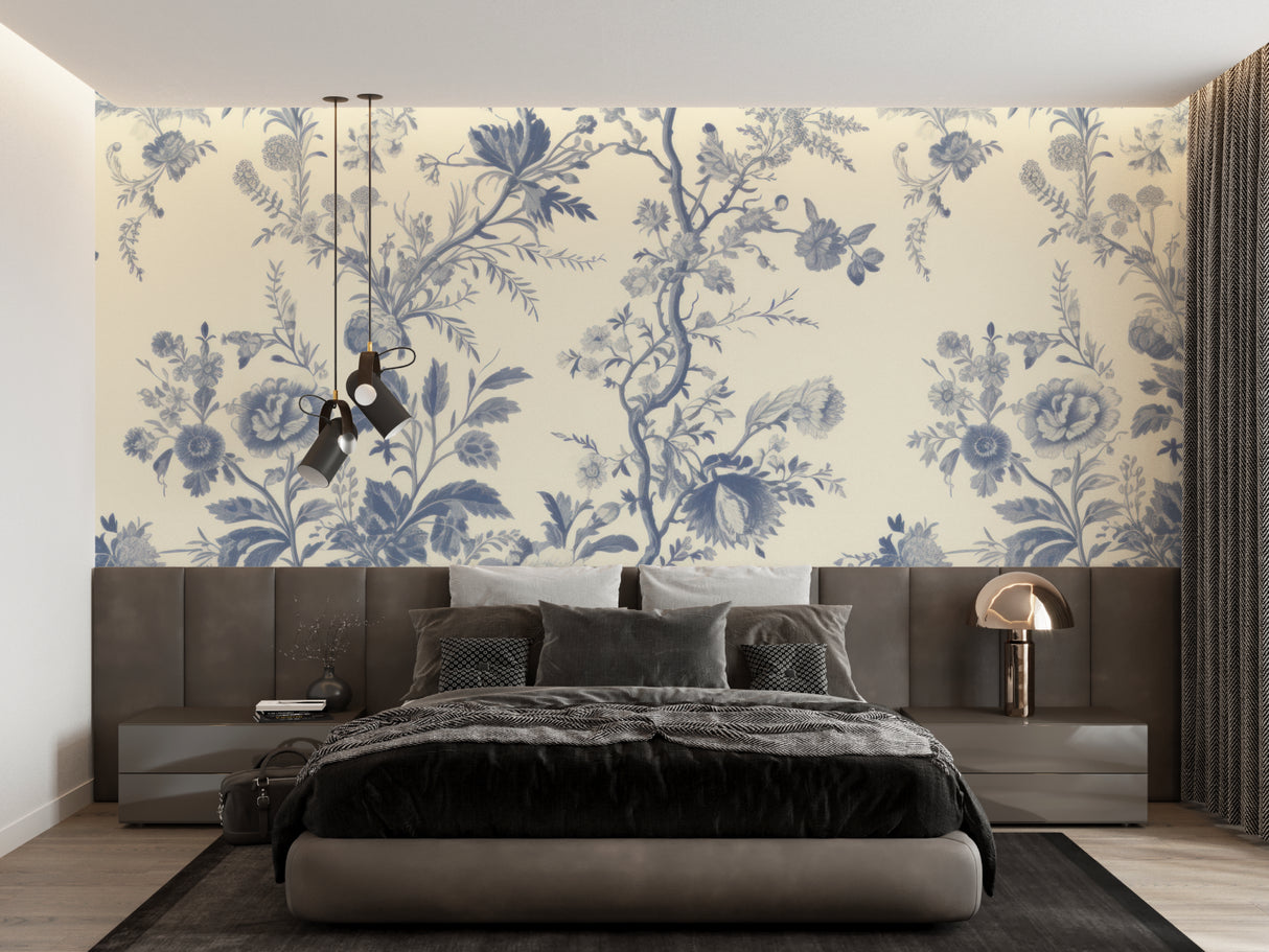 Blue Toile de Jouy wallpaper in a bright dining room with classic furniture and large windows