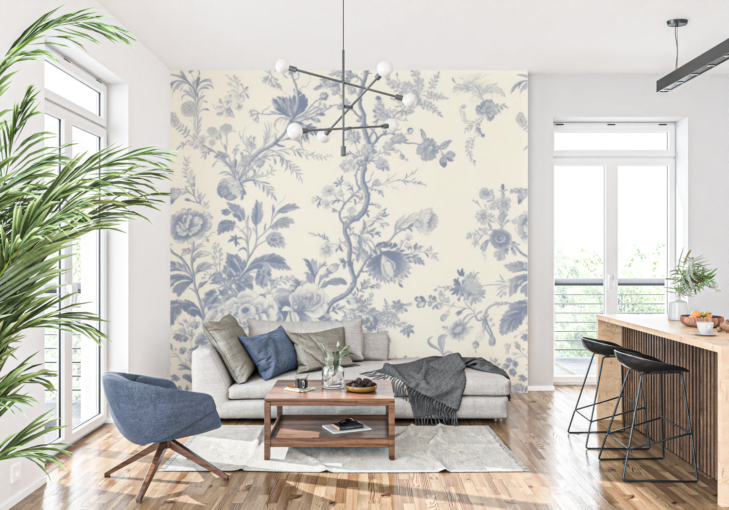 Blue and white Toile pattern mural in an elegant living room with modern touches