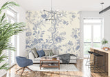 Blue and white Toile pattern mural in an elegant living room with modern touches