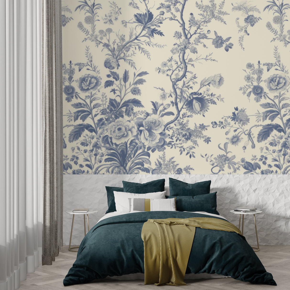 Toile de Jouy blue wallpaper bringing classic style to a powder room