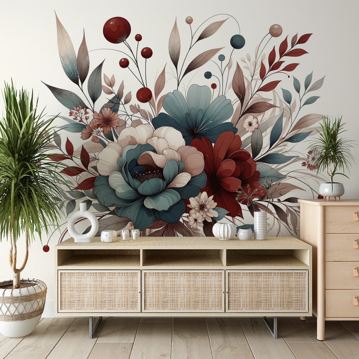 Blue and burgundy Floral Wallpaper Mural styled in a bright living room with modern furniture
