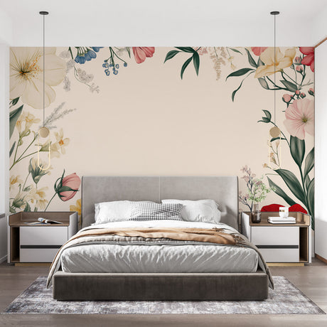 Floral frame wallpaper creating an elegant focal point in a bright living room with modern furniture and natural light