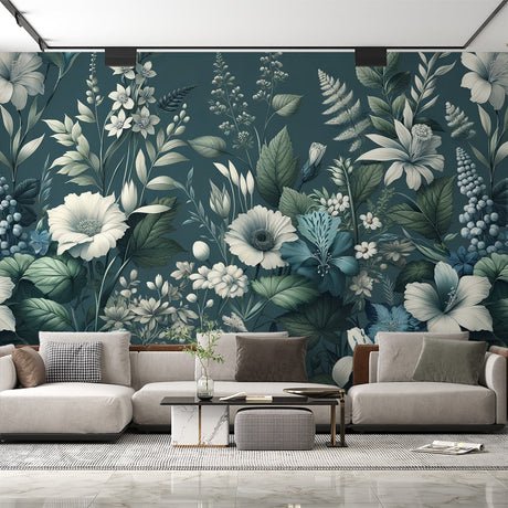Botanical garden wallpaper creating a cozy reading nook in a living room with teal and white floral patterns