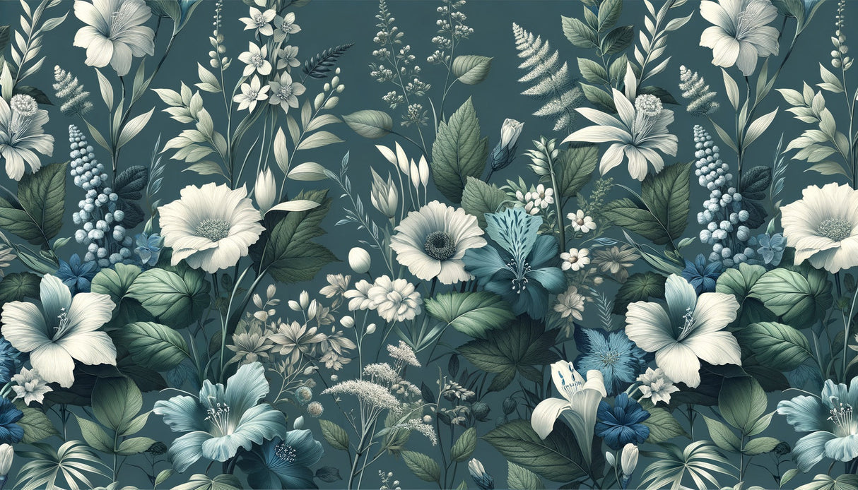 Deep teal floral mural adding elegance to a modern dining room with white trim