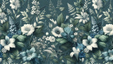 Deep teal floral mural adding elegance to a modern dining room with white trim