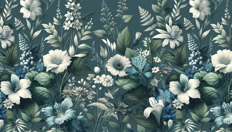 Deep teal floral mural adding elegance to a modern dining room with white trim