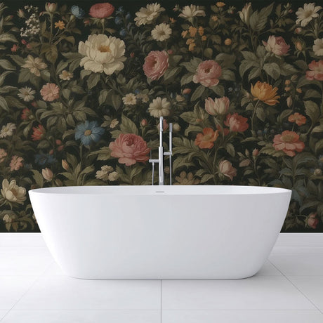 Dark floral wallpaper in elegant dining room, vintage botanical pattern with roses and peonies creating moody atmosphere