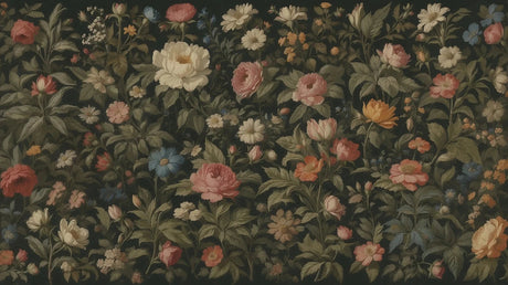 Vintage botanical garden wallpaper design file showing detailed dark floral pattern