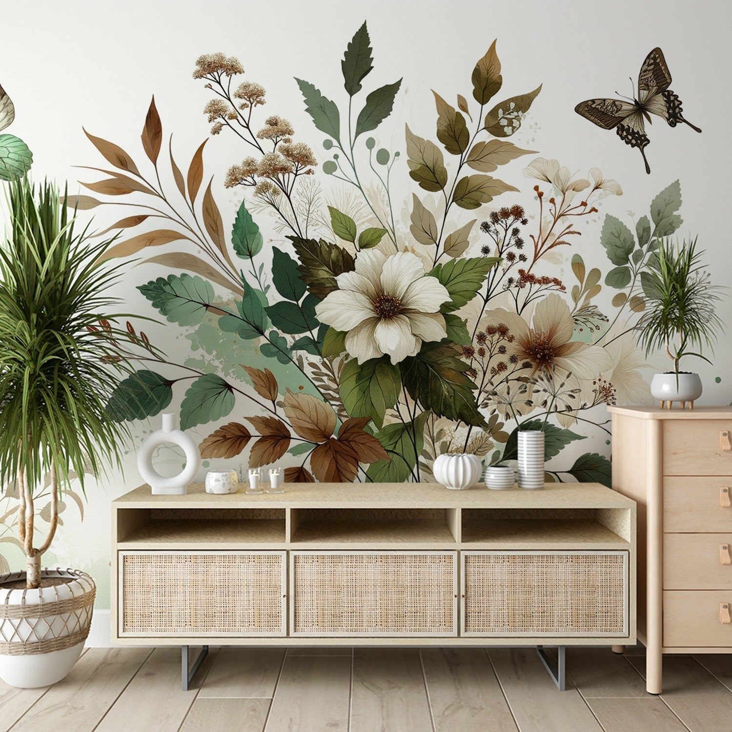 Vintage floral wallpaper with butterflies creating a peaceful atmosphere in a bright living room