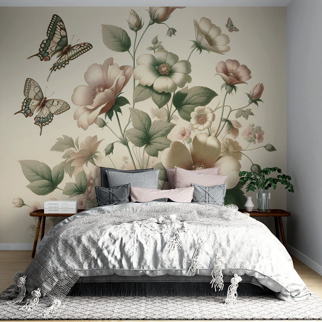 Butterfly floral wallpaper creating a peaceful atmosphere in a bright living room with natural light