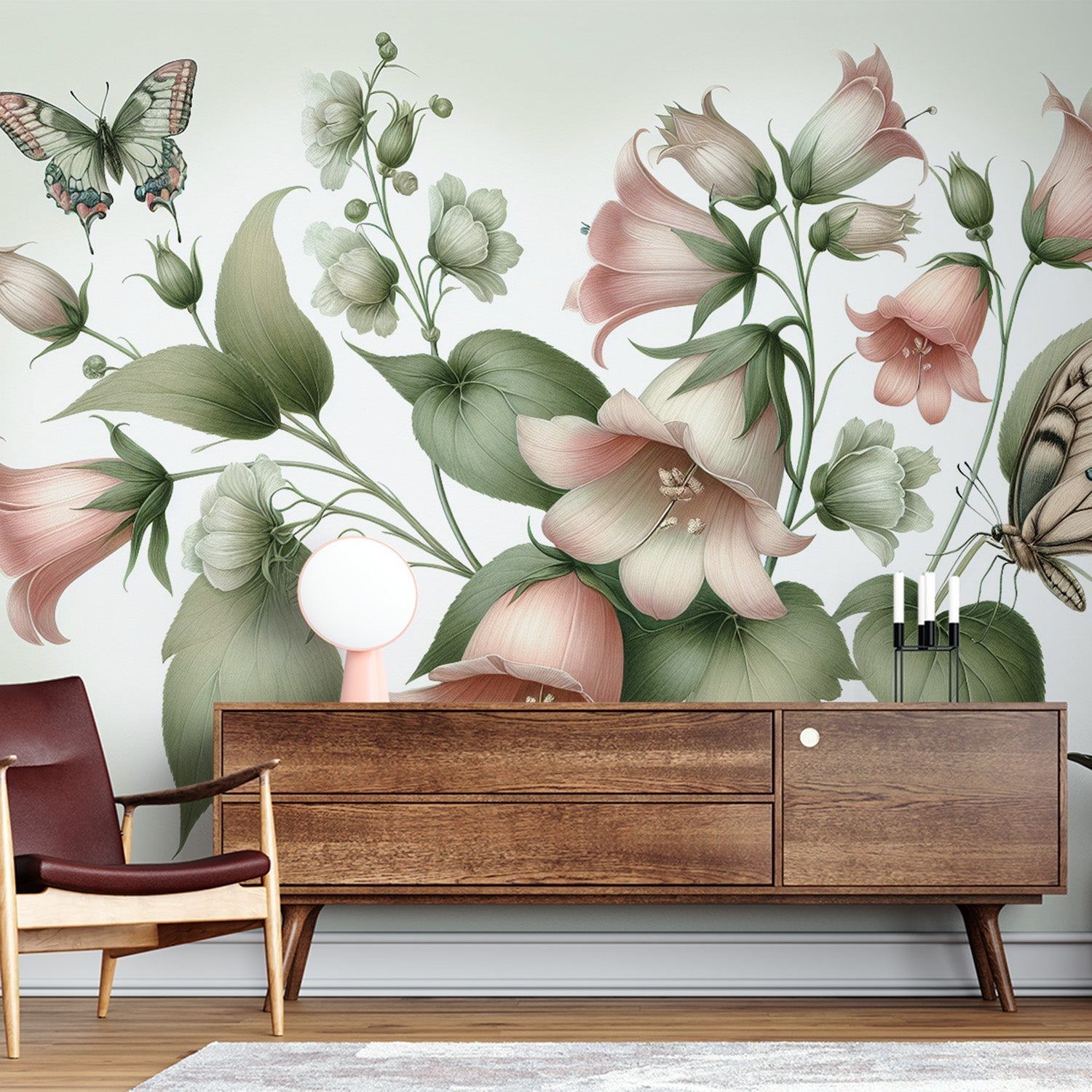 Pink butterfly floral wallpaper creates a fresh spring feel in a bright modern bedroom with natural light