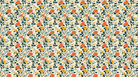 Coral and yellow floral wallpaper design file showing detailed vintage bloom pattern and rich emerald foliage
