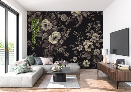 Dark floral wallpaper in modern living room showing cream blooms against black background
