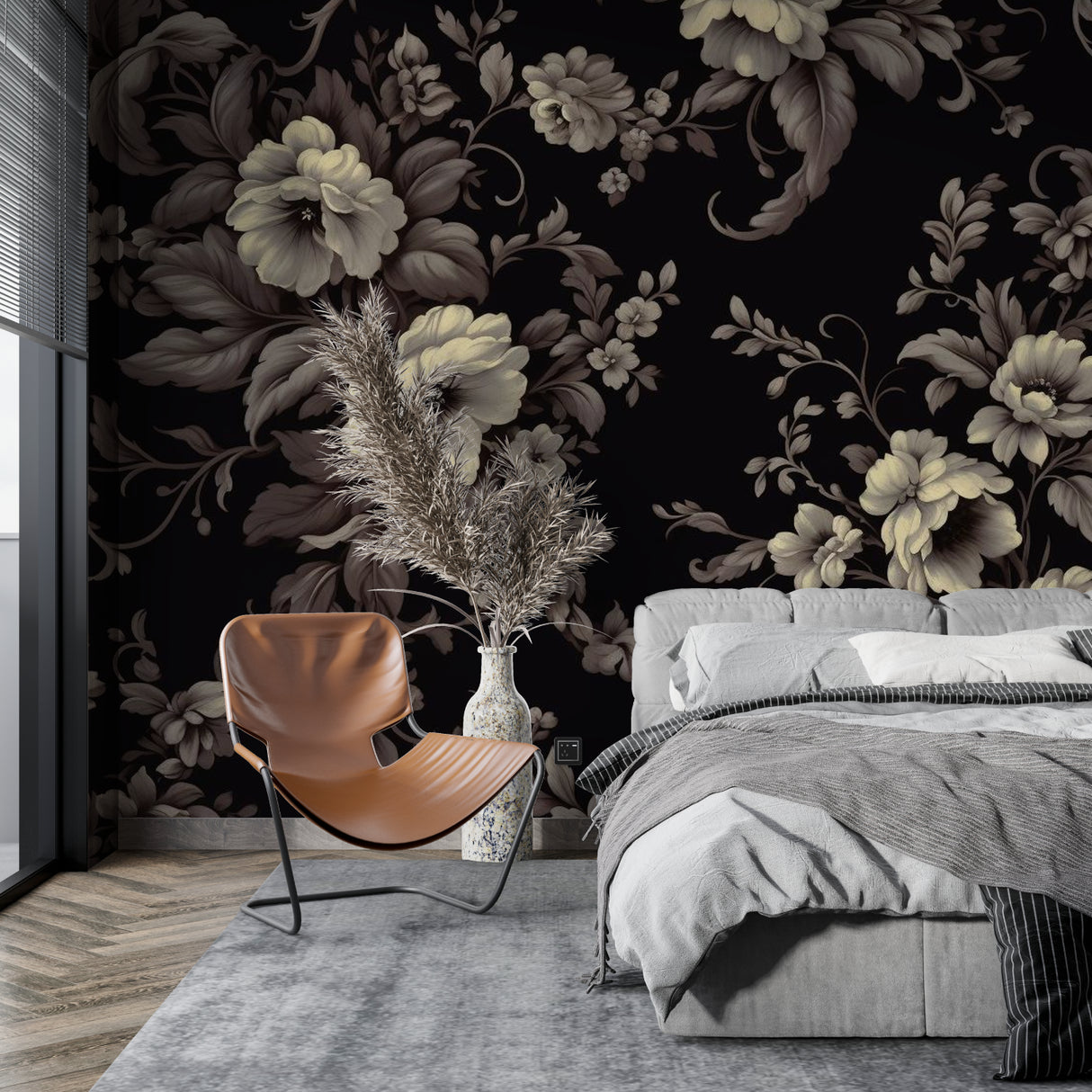 Vintage floral mural accent wall in master bedroom with grey furniture