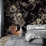 Vintage floral mural accent wall in master bedroom with grey furniture
