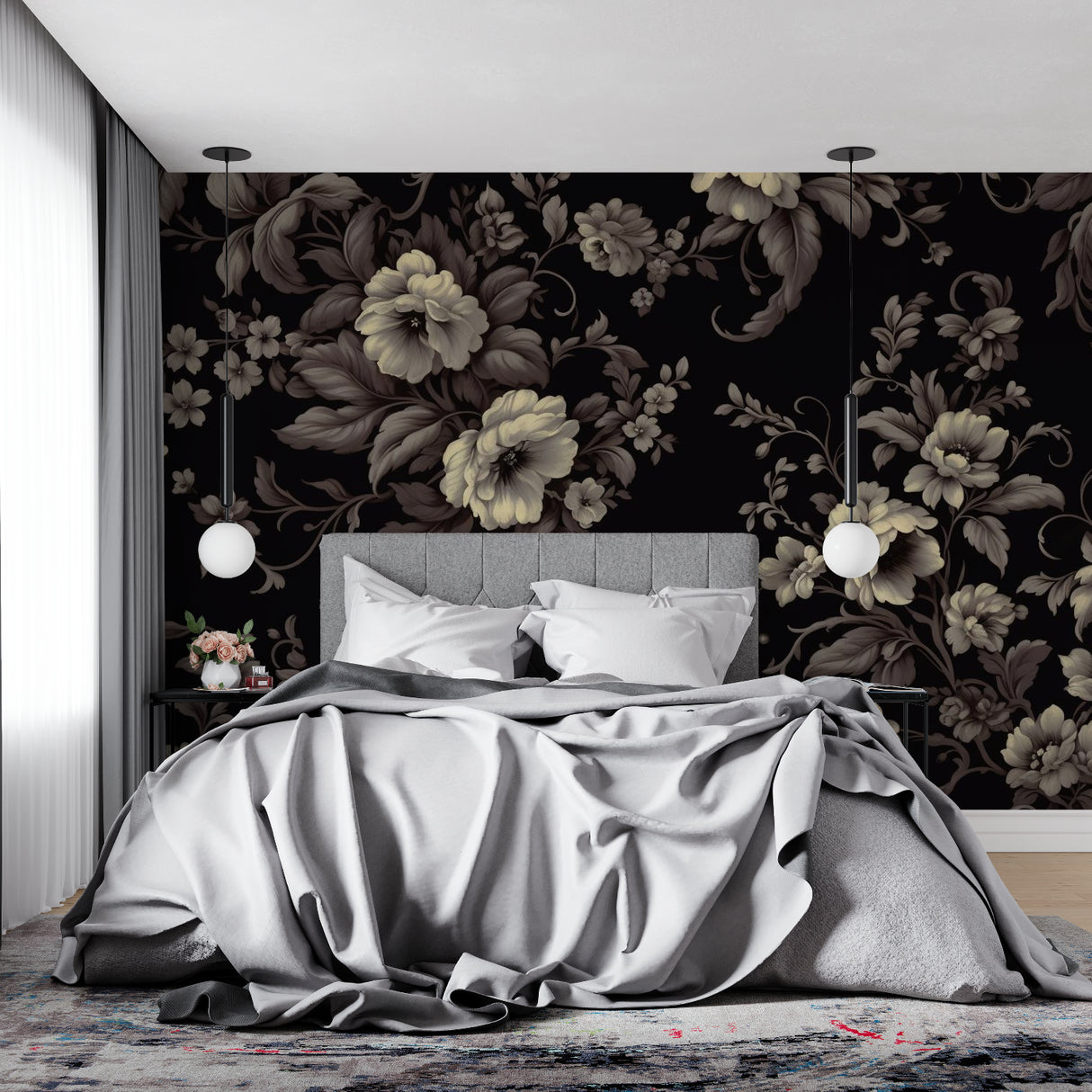 Black and cream floral wallpaper in dining room creating elegant atmosphere