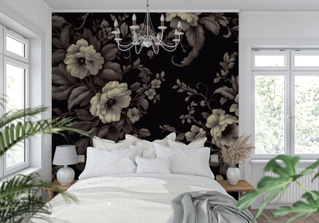 Dark botanical wallpaper in home office with natural lighting