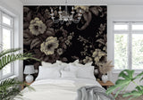 Dark botanical wallpaper in home office with natural lighting