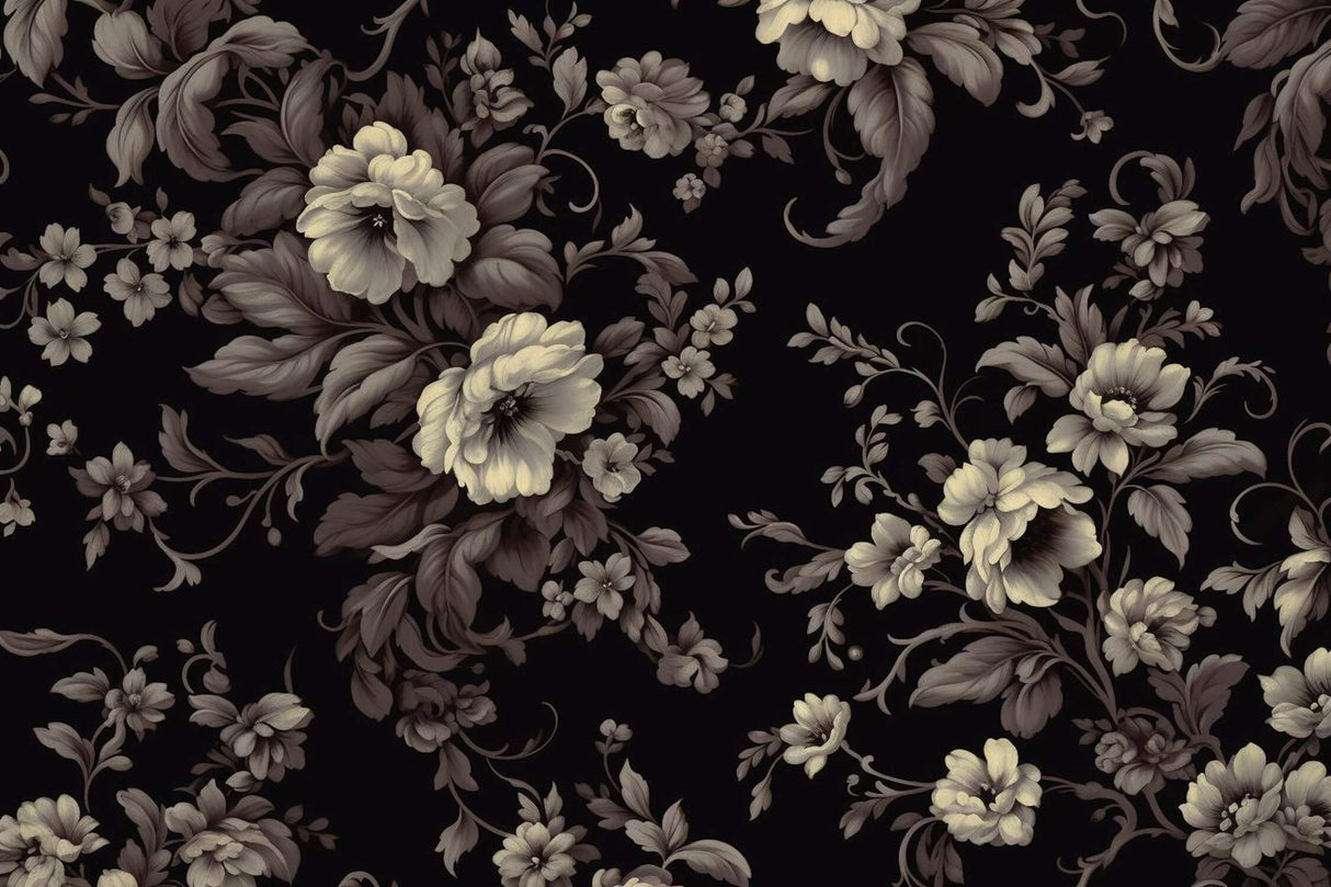 Vintage dark blooms wallpaper design file showing intricate floral pattern on black background