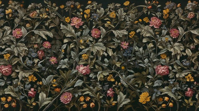 Vintage dark garden wallpaper design file with detailed pink roses and deep background pattern