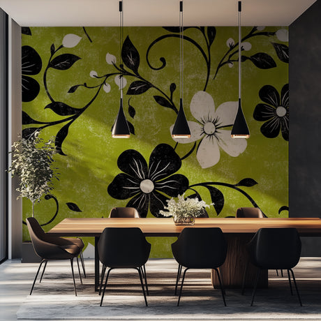 Green floral wallpaper with black and white blooms styled in modern dining room with natural light