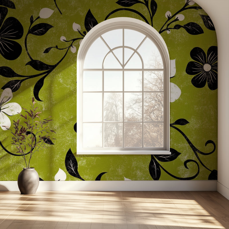 Vintage floral wall mural in cozy living room setting with green accent pieces