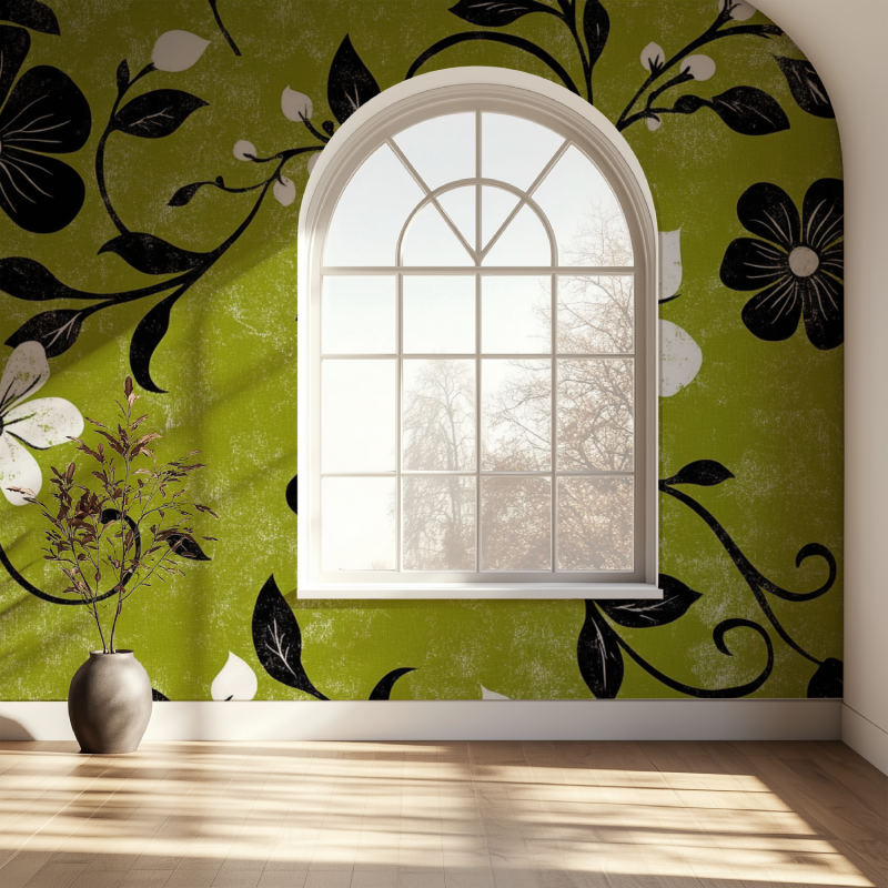 Vintage floral wall mural in cozy living room setting with green accent pieces