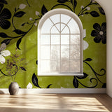 Vintage floral wall mural in cozy living room setting with green accent pieces