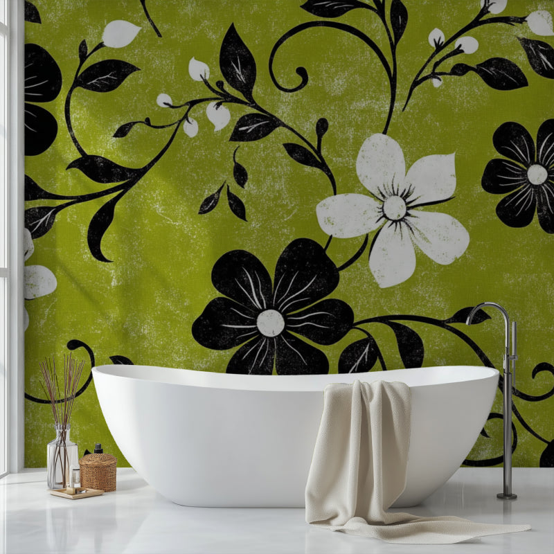 Black and white floral pattern on green background in bright home office space