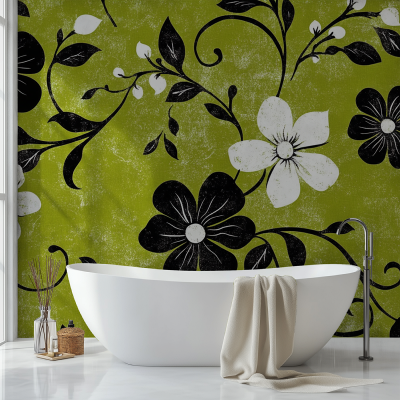 Black and white floral pattern on green background in bright home office space