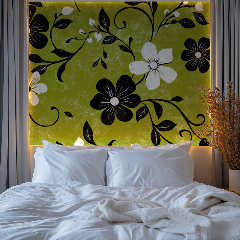 Botanical wallpaper creating dramatic accent wall in master bedroom
