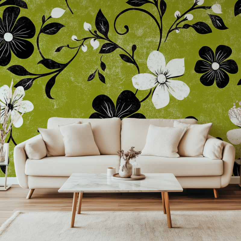 Green floral mural installation in modern hallway with minimal furniture