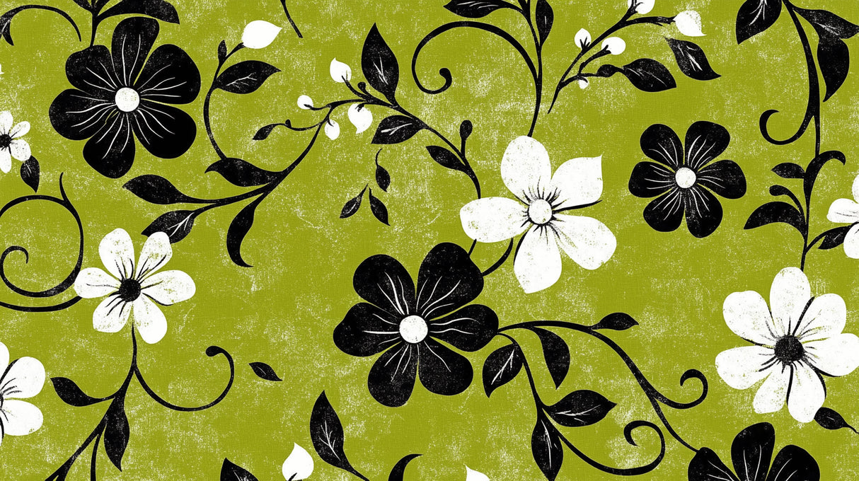 Design file of vintage green wallpaper with black and white flower pattern