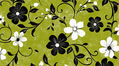Design file of vintage green wallpaper with black and white flower pattern