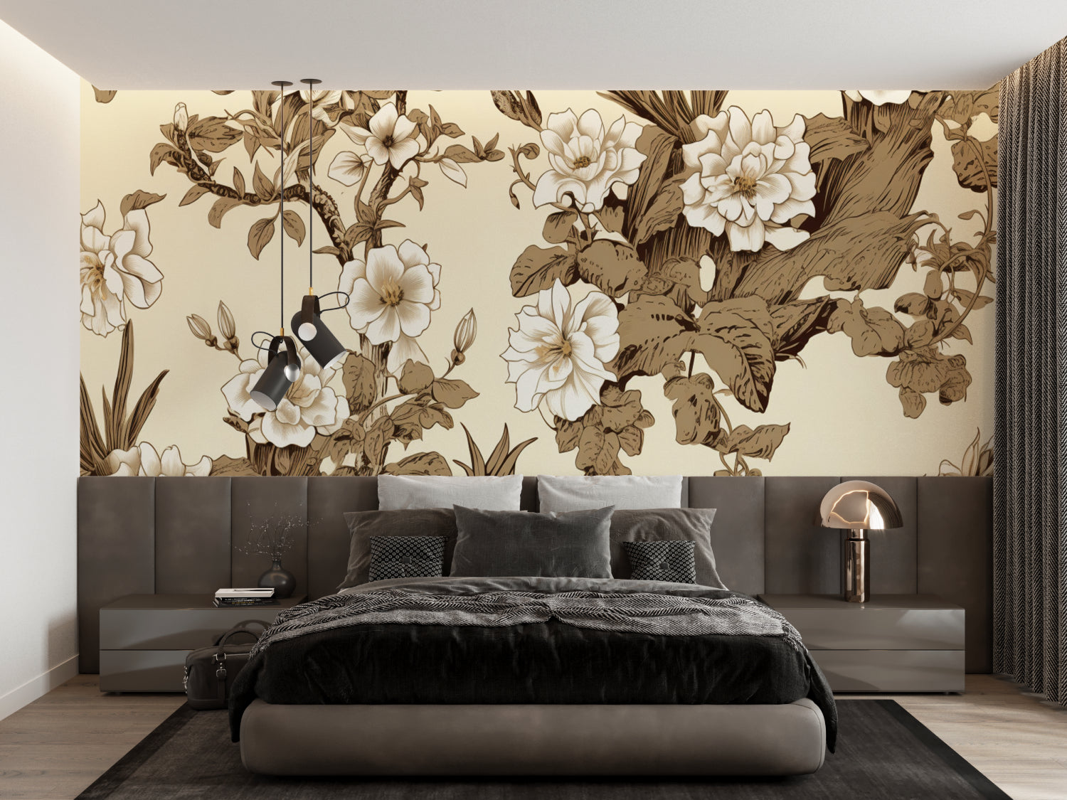 Japanese floral wallpaper in a bright living room setting, showing elegant toile pattern against white furniture