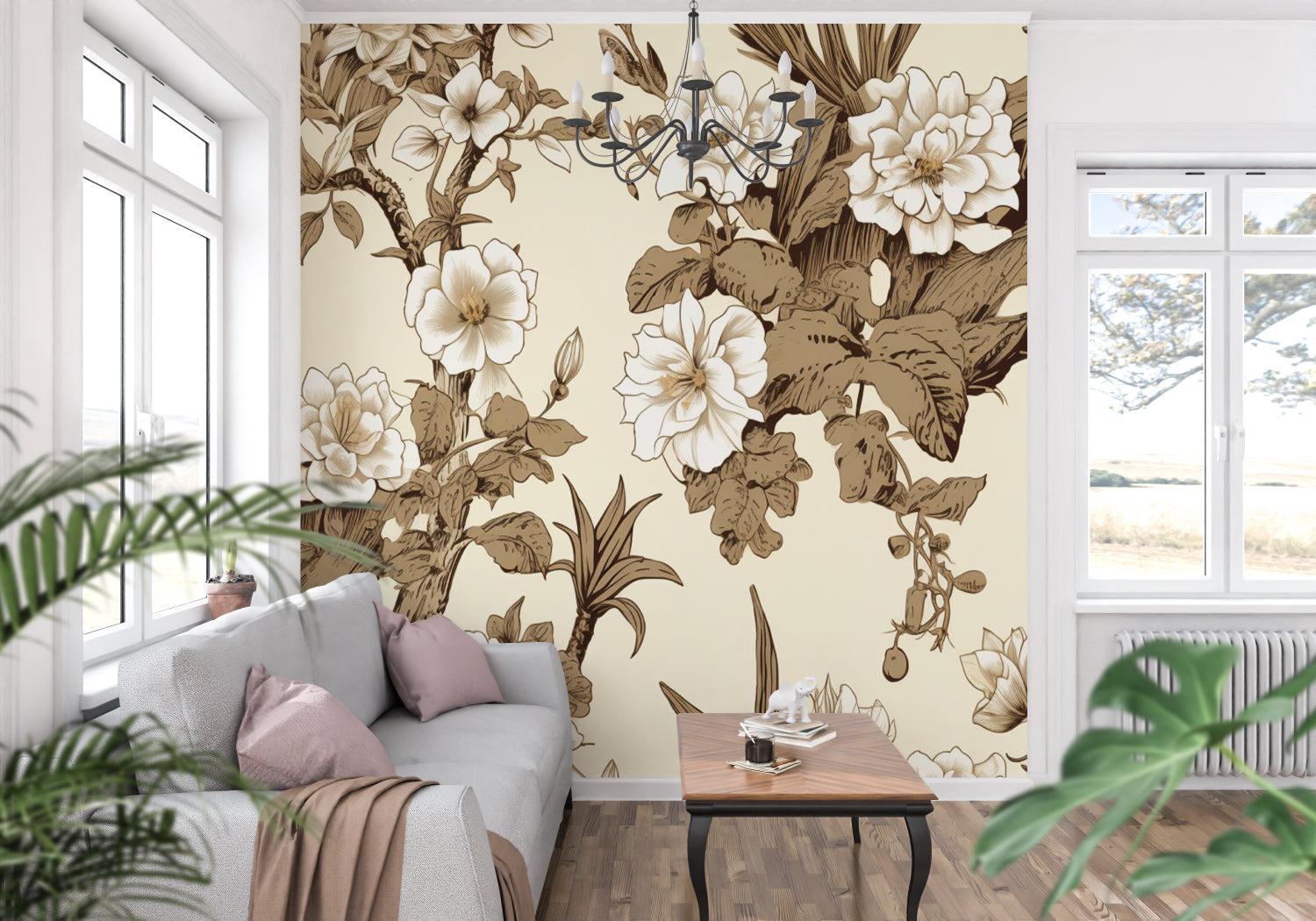 Vintage Japanese floral mural in a modern dining room with natural light