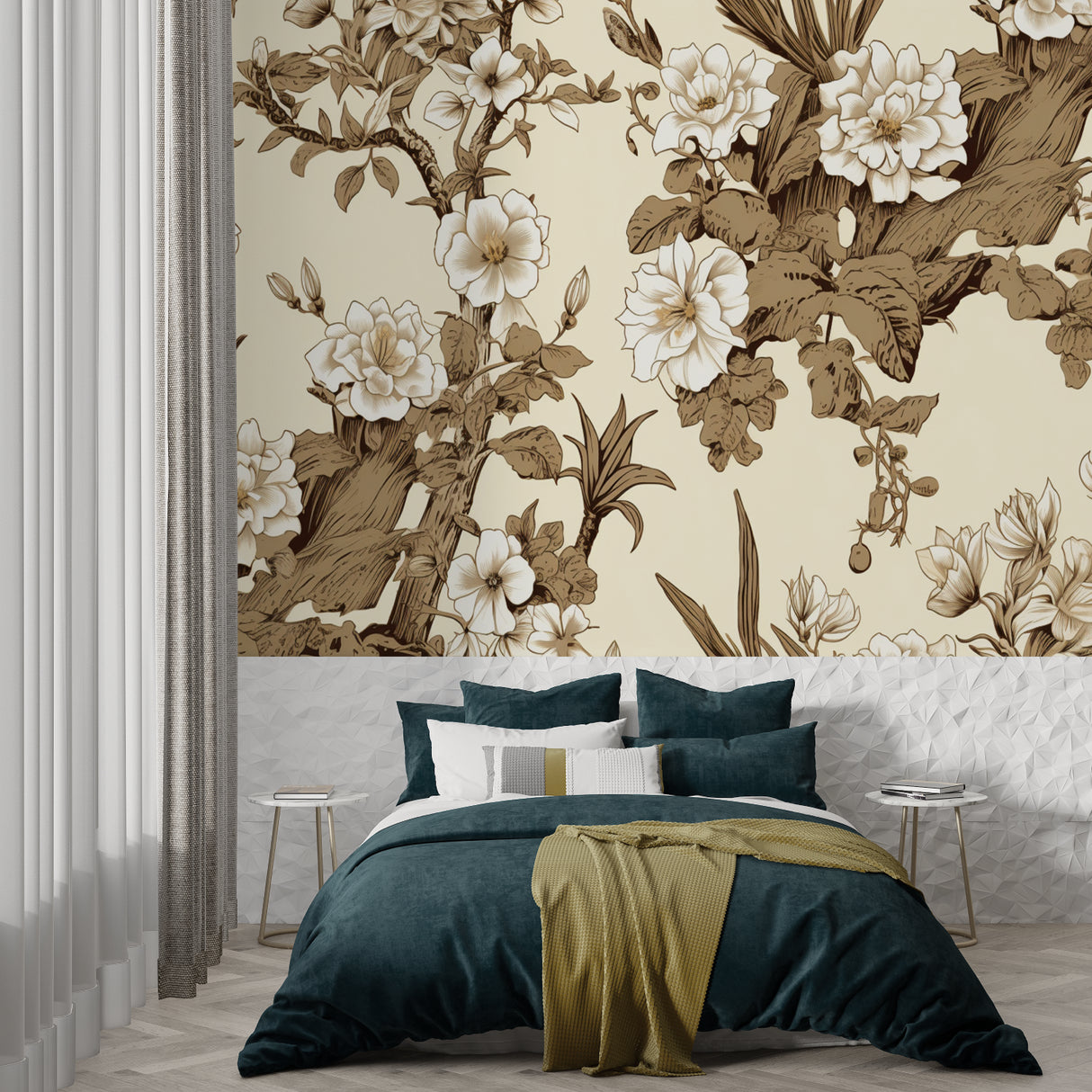 Toile de jouy wallpaper creating a cozy reading nook in bedroom corner