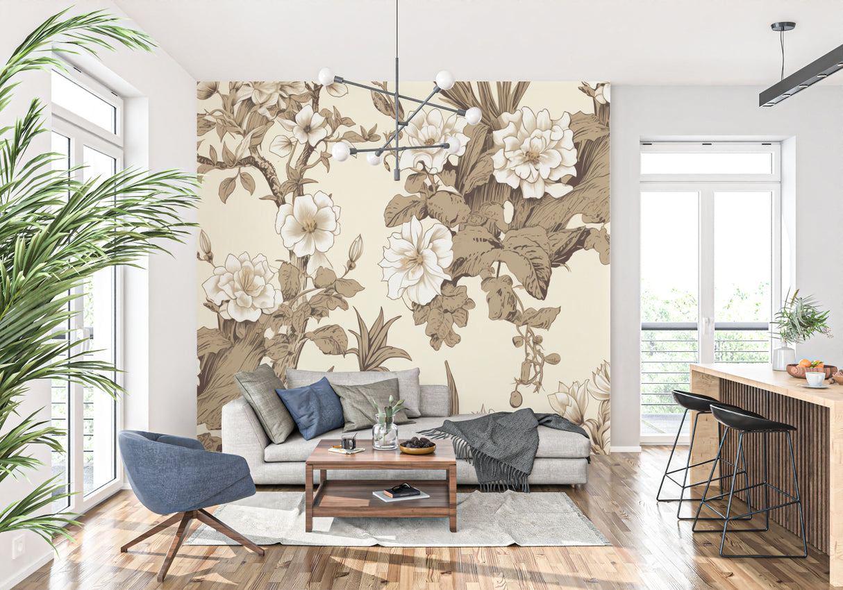 Beige and white floral wallpaper in an entryway setting
