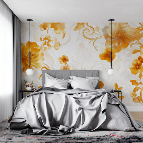 Orange blossom vintage floral wallpaper in bright modern living room setting